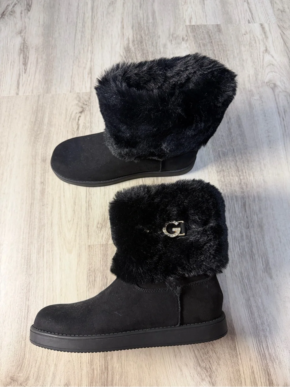 G by Guess Black Faux Fur Cuff Winter Boots with Logo Charm